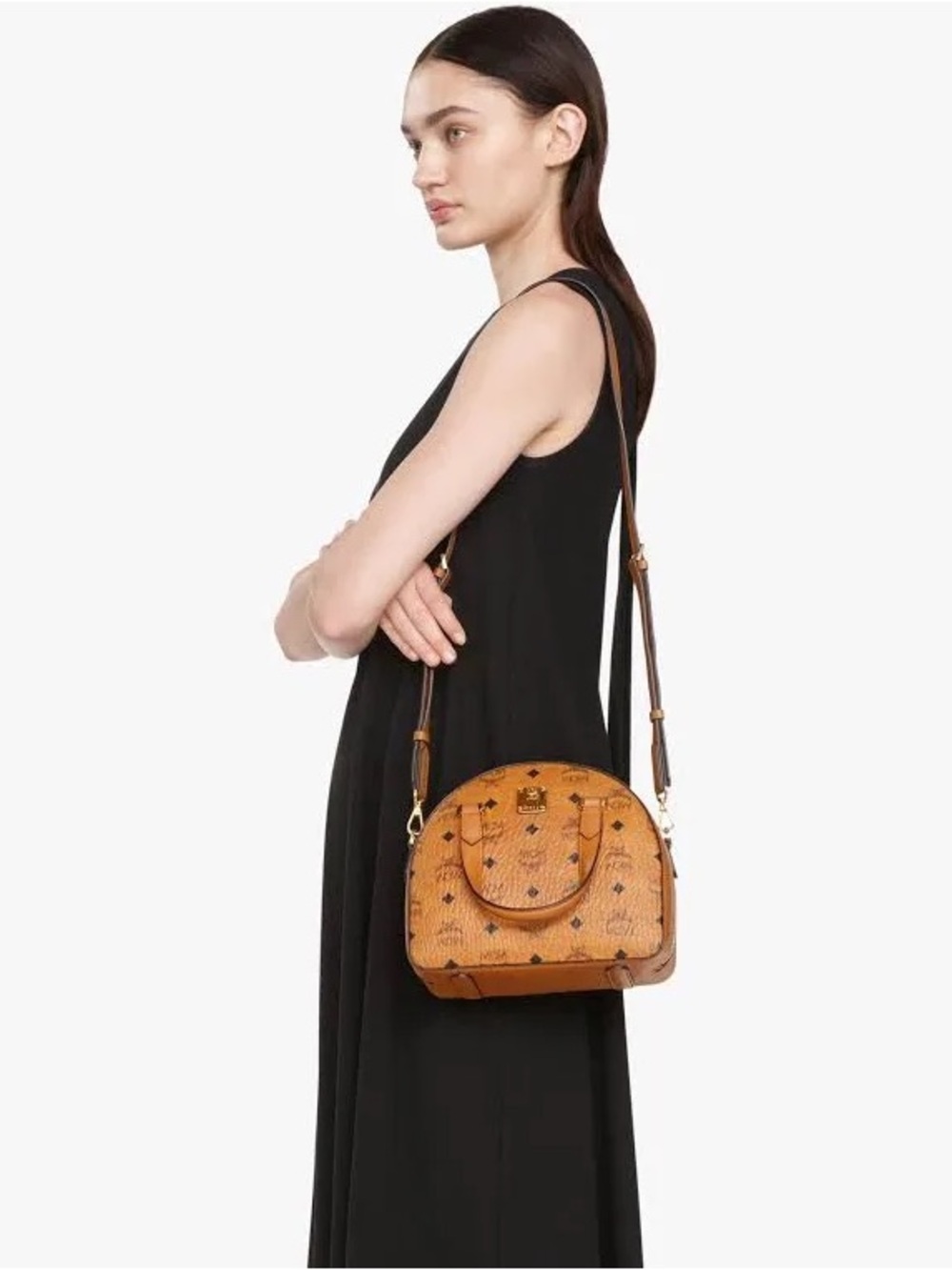 Cognac MCM Monogram Crossbody Bag - Luxury Leather Shoulder Bag half moon bowler